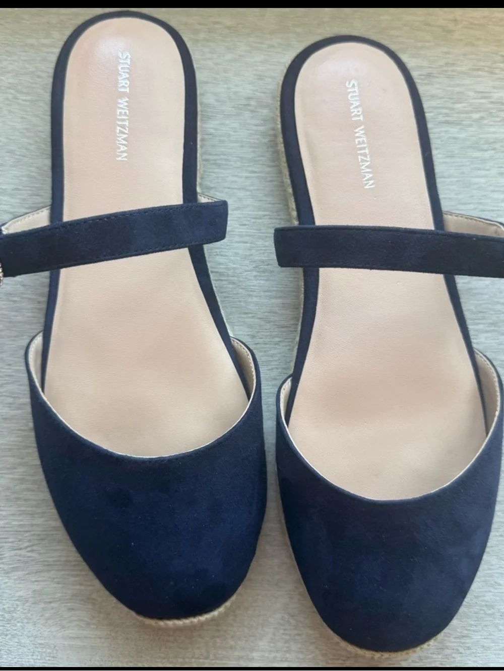 Stuart Weitzman Navy Suede Espadrille Slide with Crystal Buckle